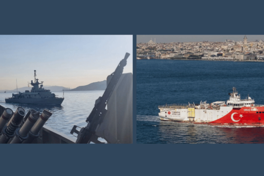 Από τις τελευταίες ελληνικές ασκήσεις στο Αιγαίο | Δεξιά, το τουρκικό ερευνητικό πλοίο «Ορουτς Ρέις»